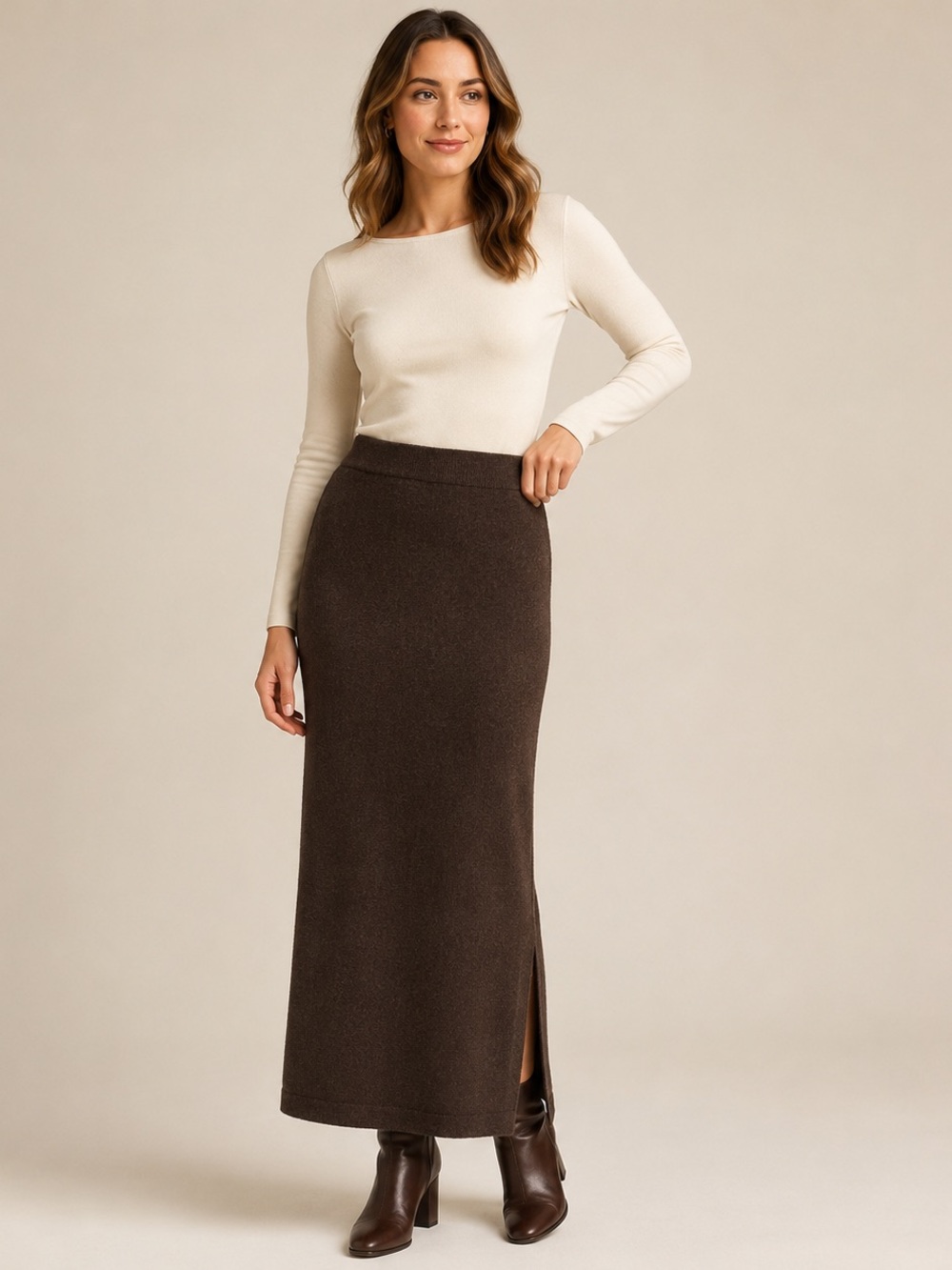 Reitmans Signature Chocolate Brown Knit Maxi Skirt Side Slits M
